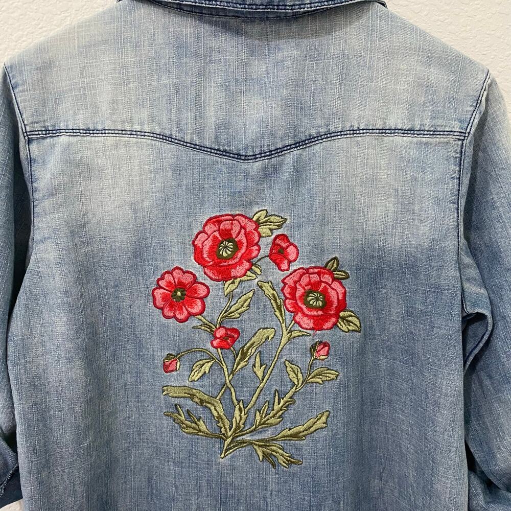 En Creme Womens S Embroidered Floral Chambray Denim Shirt Tunic Long Sleeve - Picture 6 of 14